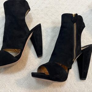 Miu Miu peep-toe ankle bootie, black suede, sz 37.5